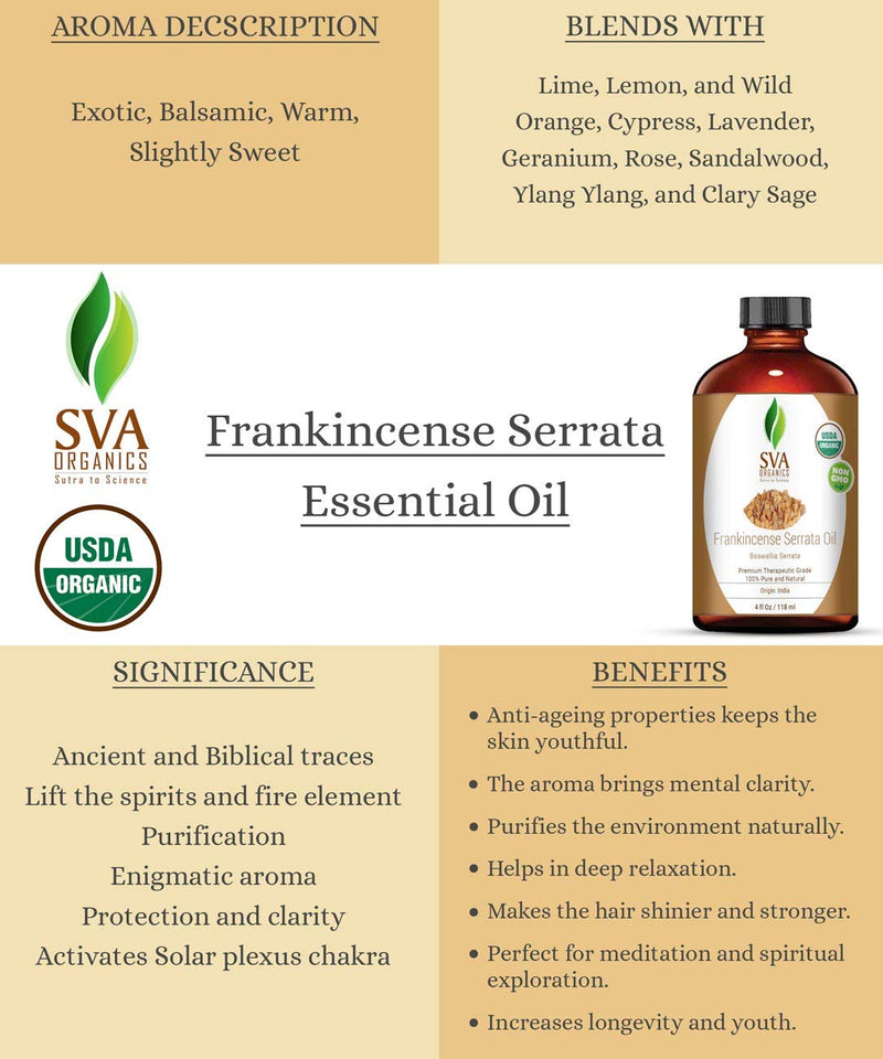 SVA Organics Frankincense Essential Oil 4 Oz USDA Organic Boswellia Serrata Pure Natural Undiluted Oil for Face Cream, Skin Care, Body Oil, Shampoo - BeesActive Australia