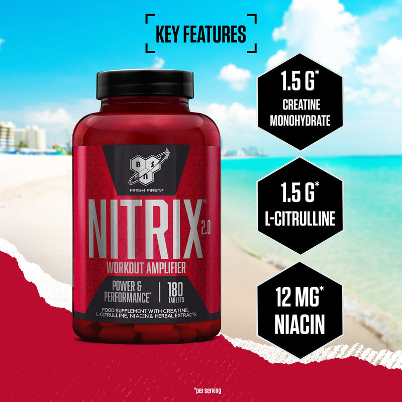 BSN Nitrix 2.0 supplement, concentrated nitric oxide precursor formula Tablets with Creatine, L-Citrulline, Niacin and Herbal Extracts, Power & Performance, Unflavoured, 180 capsules, 60 Servings - BeesActive Australia