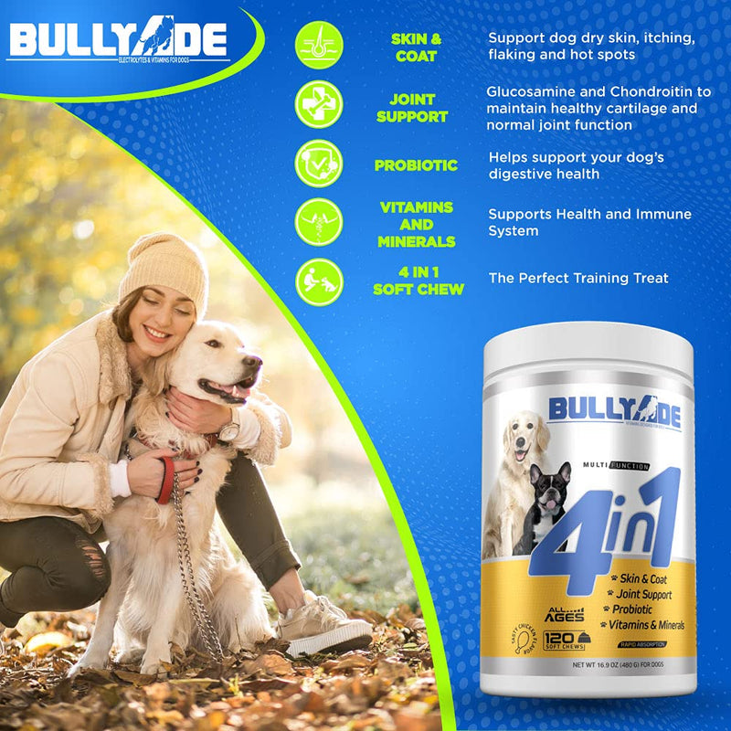 Bullyade 4 in 1 - Probiotic, Joint Support, Skin & Coat, Multi-Vitamin Soft Chews for Dogs, 16.9 oz - BeesActive Australia