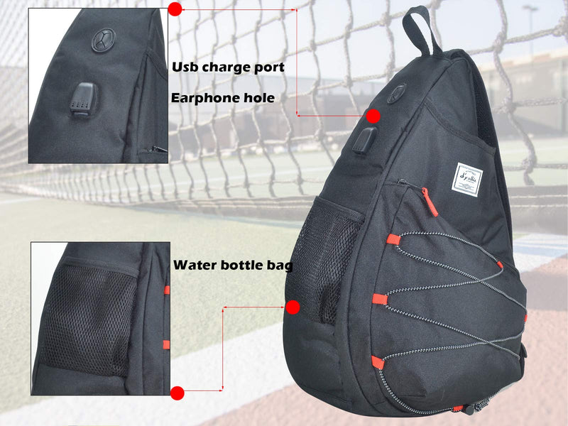 Tennis Bag for Men Women, Racquetball Pickleball Paddle Squash Sling Bags Crossbody Sports Backpack Adult with USB Charge Port Black - BeesActive Australia