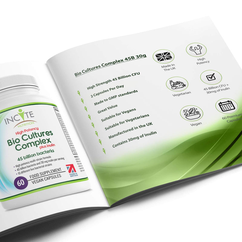 Bio Cultures Complex 45 Billion CFU with 30mg of Inulin Friendly Bacteria 60 Premium High Strength Vegan Capsules 15 Bacteria Strains Suitable for Vegans Vegetarians Made in The UK (45 Billion CFU) - BeesActive Australia