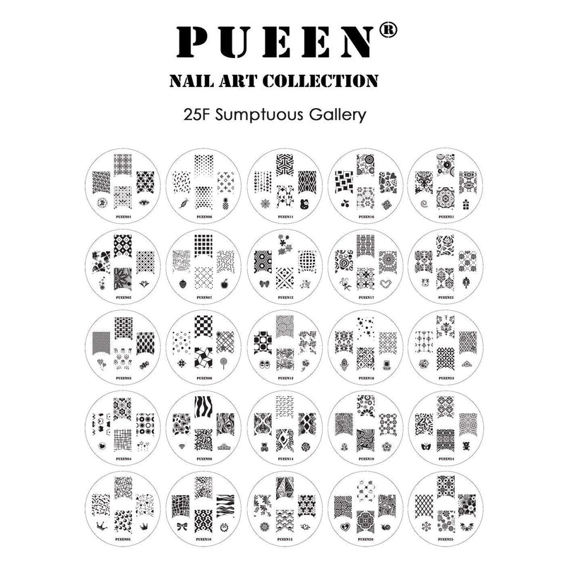 PUEEN Nail Art Stamp Collection Set 25F - NEW Unique Set of 25 Nailart Polish Stamping Manicure Image Plates Accessories Kit (Totaling 150 Images) - New Batch with Display & Storage Case-BH000019 - BeesActive Australia