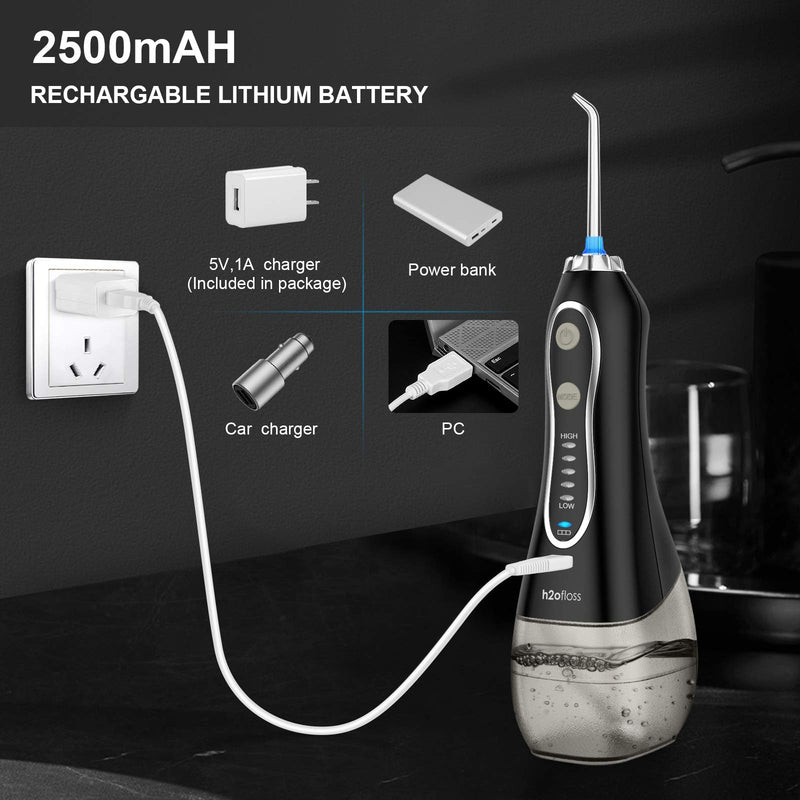 H2ofloss Water Flosser Portable Dental Oral Irrigator with 5 Modes, 6 Replaceable Jet Tips, Rechargeable Waterproof Teeth Cleaner for Home and Travel -300ml Detachable Reservoir - BeesActive Australia