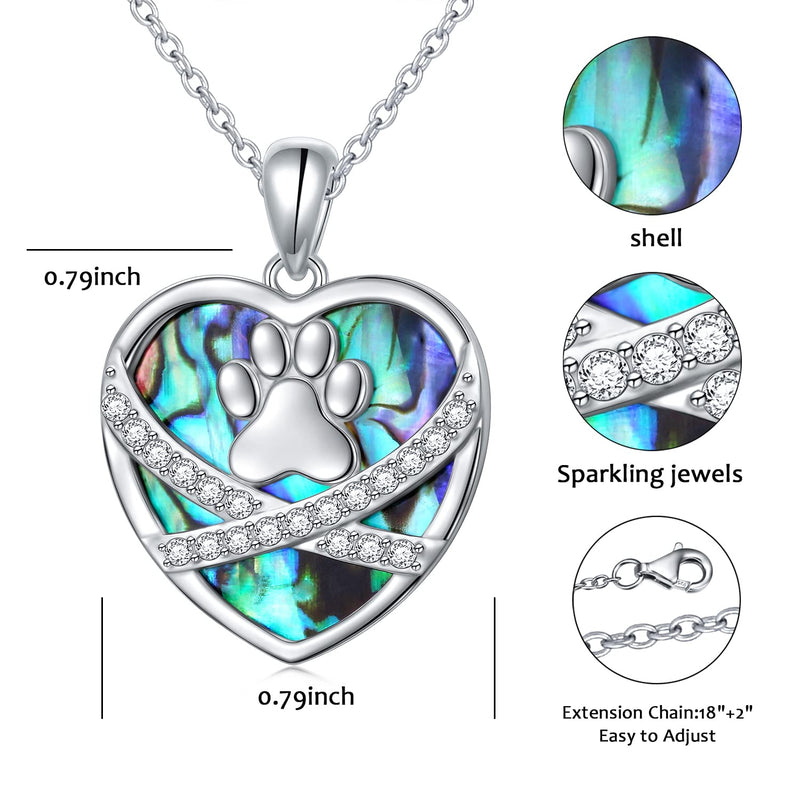 S925 Sterling Silver Puppy Dog Cat Pet Paw Print Love Heart Pendant Necklace 18 inches Pet Paw Print-Abalone Shell - BeesActive Australia