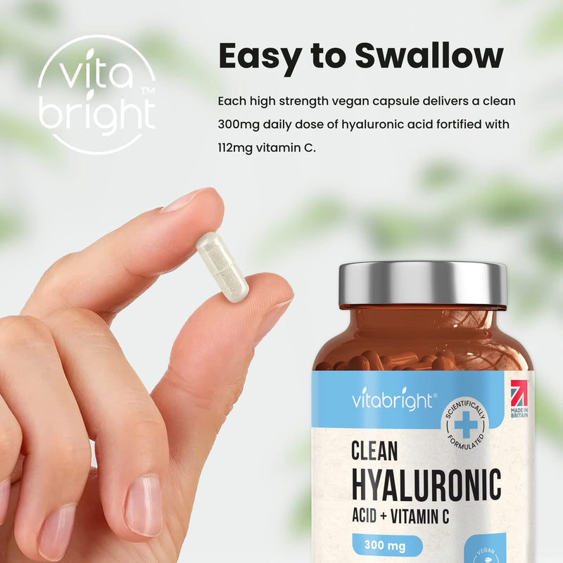 Hyaluronic Acid Capsules - High Strength 300mg - Premium Grade 500-700kDa - 60 Capsules (2 Month Supply) - With Vitamin C - Natural Moisturiser For Face, Body, Skin & Joints - Made In UK By Vitabright - BeesActive Australia