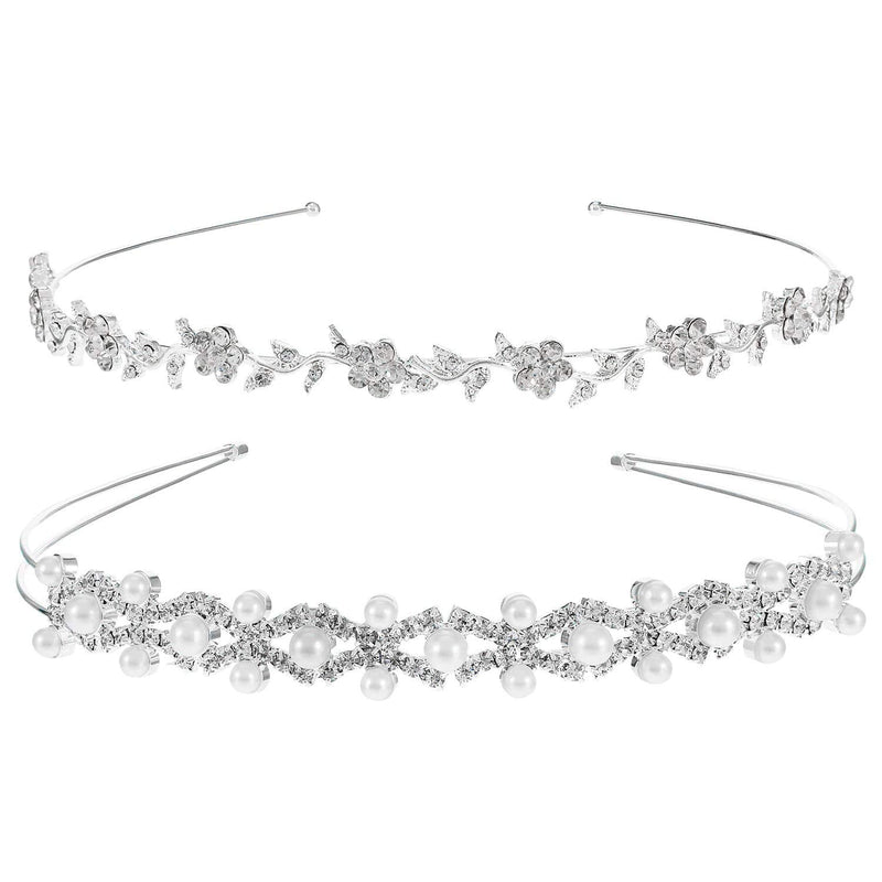 2 Pieces Wedding Party Women's Faux Pearl Rhinestones Headband Flower and Leaves Crown Hair Band for Bride Bridesmaids - BeesActive Australia