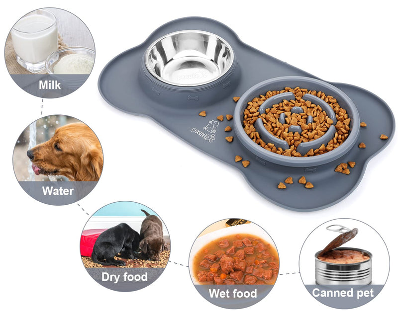 Pecute Dog Bowls Slow Feeder Bloat Stop Pet Bowl Eco-Friendly Non-Toxic No Chocking Healthy Design Bowl with No-Spill Non-Skid Silicone Mat Stainless Steel Water Bowl for Dogs Cats and Pets M-13.5oz/bowl Grey Bowl - BeesActive Australia