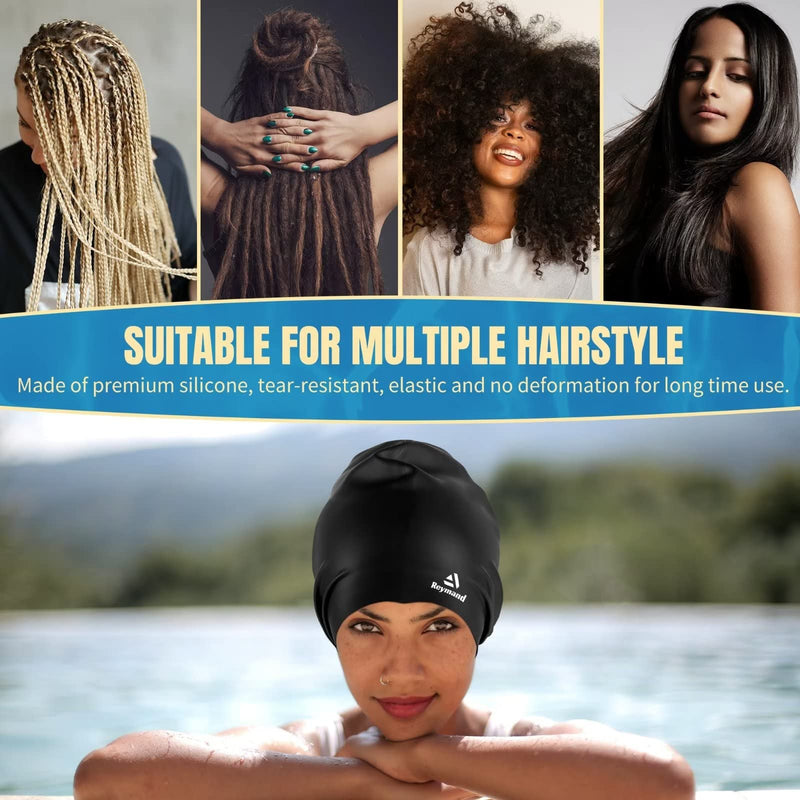 2 Pack Extra Large Swim Cap for Braids and Dreadlocks, Silicone Swimming Caps for Long Hair, Weaves, Extensions, Curls & Afros, Waterproof Adult Swim Hats Bathing Caps for Women Men Black+Rose Red - BeesActive Australia