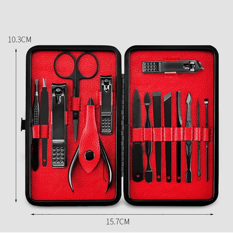 MCS Manicure Pedicure Set Nail Clipper Tool Kit - 15 in 1 Black Stainless Steel - Includes Cuticle Removers, Nail Scissors, Facial Treatment Tools With a Portable Black Leather Travel Grooming Case. - BeesActive Australia