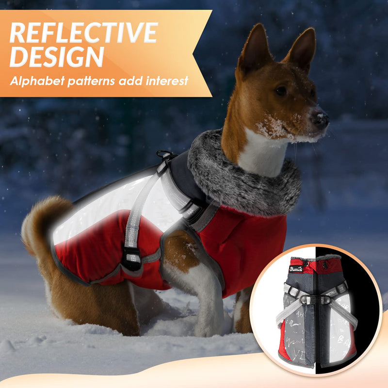 SlowTon Winter Dog Coat with Detachable Harness, Waterproof Fleece Lining Warm Dog Clothes for Small Medium Dogs, Reflective Adjustable Furry Jacket Outdoor Walking Puppy Vest Apparel (Red M) Medium (Chest 17.2"-20.2") Red&Grey - BeesActive Australia