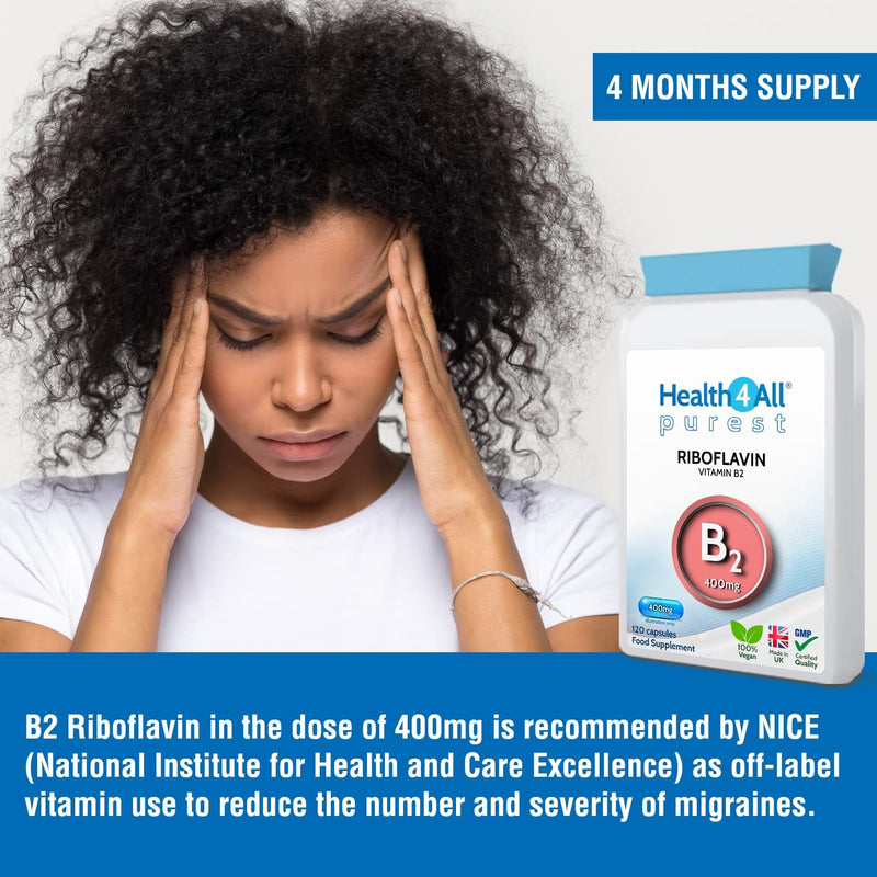 Health4All Vitamin B2 Riboflavin 400mg Migraine Support 120 Capsules (4 Months Supply) Vegan, no additives, High Strength Riboflavin Supplement - BeesActive Australia