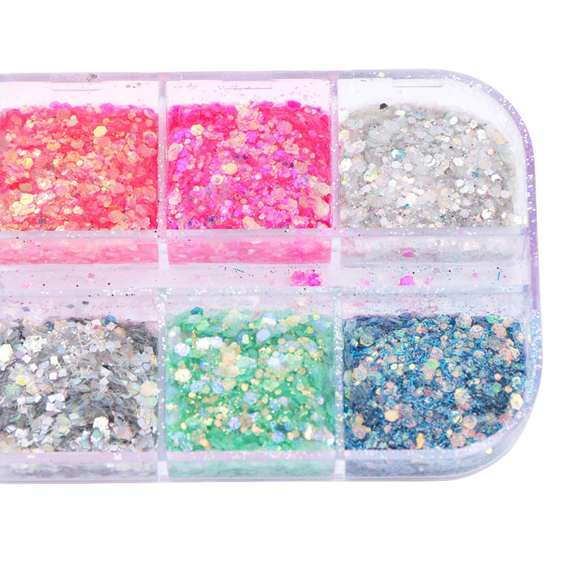 Holographic Nail Glitters 12 Colors Nail Art Glitter Sequins 3D Sparkly Nail Art Supplies Confetti Acrylic Nail Powders Shiny Manicure Designs for Women Girls Nail Decor Body Art - BeesActive Australia