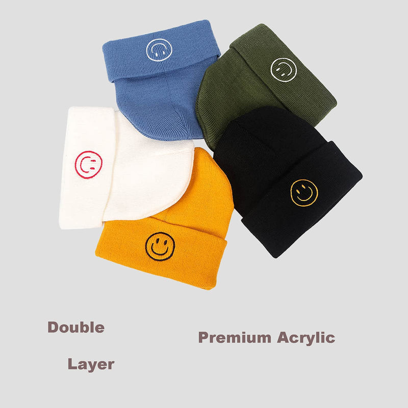 AJG Black Beanie Hats for Men,Smile Face Embroidered Acrylic Soft Winter Hats for Women 7-7 1/2 1-yellow - BeesActive Australia
