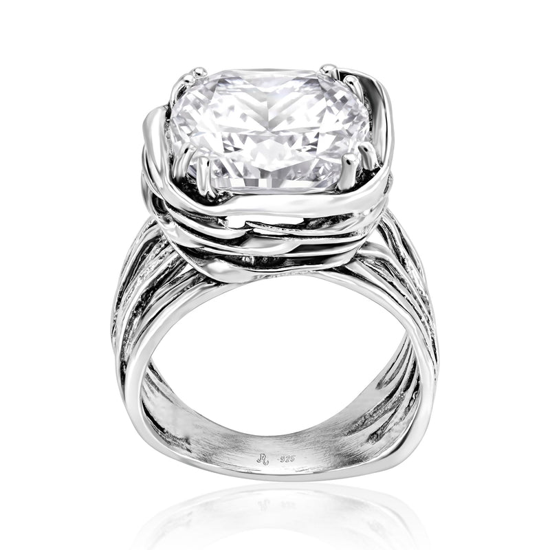 925 Sterling Silver Statement Ring White Cushion Shaped Cubic Zirconia CZ Organic Look Vintage Antique Look Hypoallergenic Nickel and Lead-free Artisan Handcrafted Designer collection, Made In Isra 0 10 - BeesActive Australia