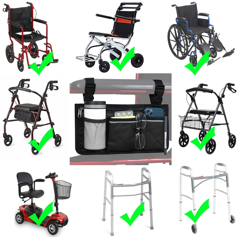 Wheelchair Side Organizer Storage Bag Armrest Pouch with Cup Hold and Reflective Strip, for Most Wheelchairs, Walkers or Rollators (Black) Black - BeesActive Australia