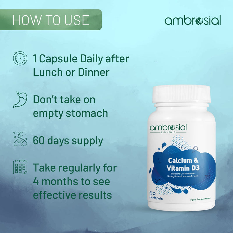 Ambrosial Calcium & Vitamin D Tablets | High Potency Calcium Supplement for Bone Health, Muscles & Teeth | High Strength Calcium Tablets (Pack of 1-60 Softgels) Pack of 1- 60 Softgels - BeesActive Australia