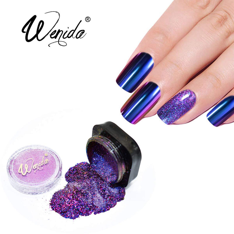 Nail Powder WENIDA 8 Jar Holographic Chameleon Chrome Mirror Laser Synthetic Resin Pigment with 8 False Nails and Silicone Nail Brush for Manicure Decoration 8 Jar - Set 2 Multi - BeesActive Australia