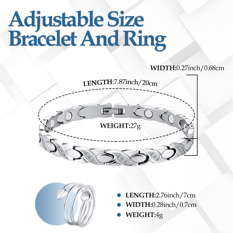 Jecanori Titanium Steel Magnetic Bracelets for Women, Women Magnetic Wristband and Magnetic Rings with Ultra Strength Magnets,Brazaletes with Removal Tool and Jewelry Gift Box for Mother's Day A-silver - BeesActive Australia
