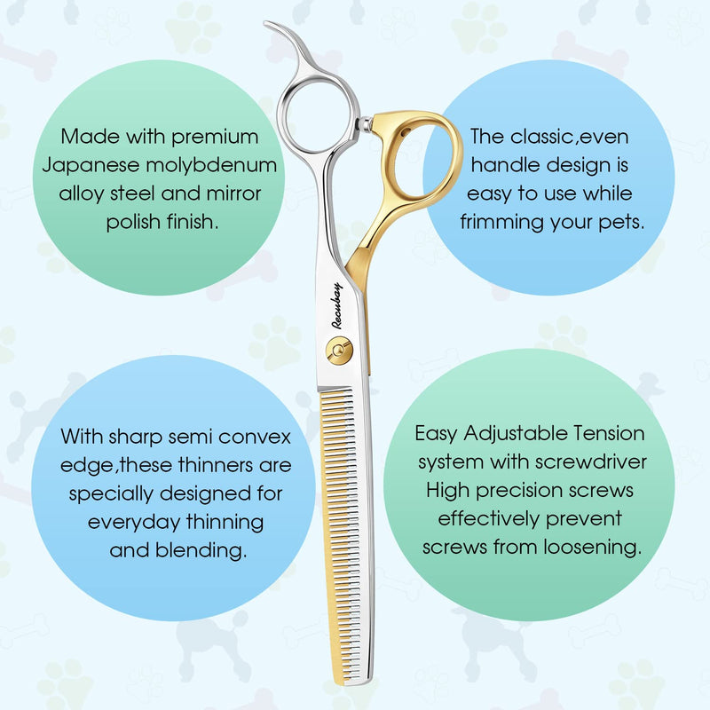 Recubay Dog Cat Scissors for Grooming, Pet Shears for Thick Coats and Matted Hair, Thinner Curved Straight Chunker Stainless Steel Shears 7" Thinner Gold - BeesActive Australia