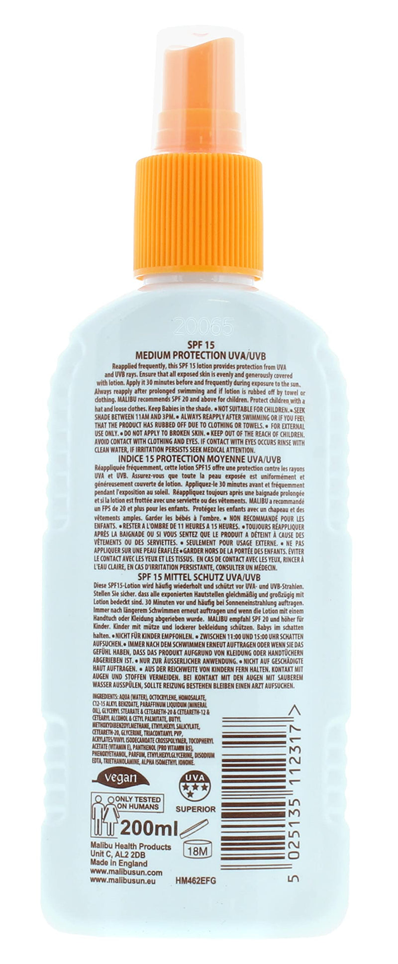 Malibu Medium Protection Sun Lotion Spray SPF15 With Vitamin E And Pro Vitamin B5 200 ml - BeesActive Australia