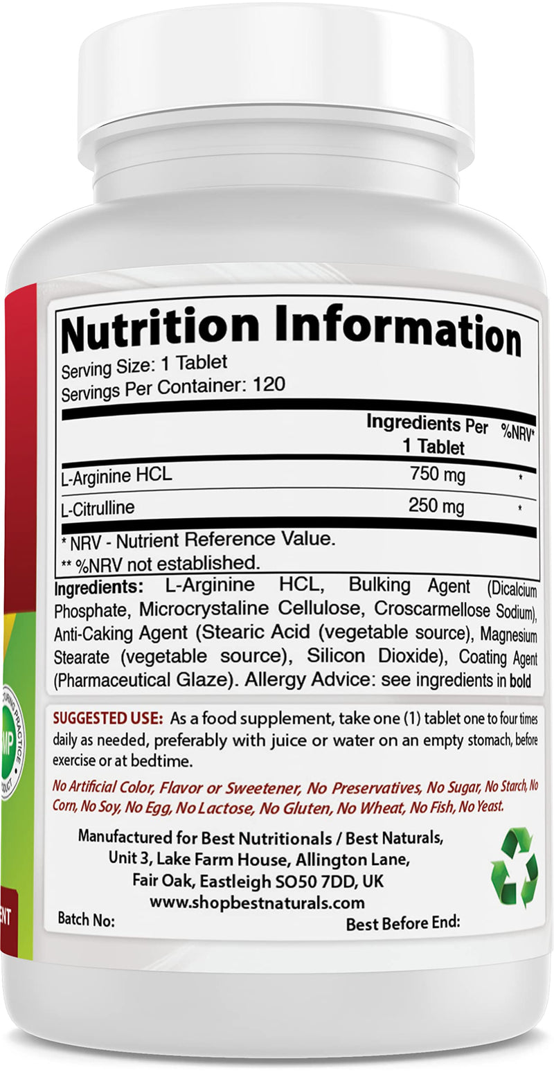 Best Naturals L-Arginine L-Citrulline Complex 1000 mg 120 Tablets (120 Count (Pack of 2)) - BeesActive Australia