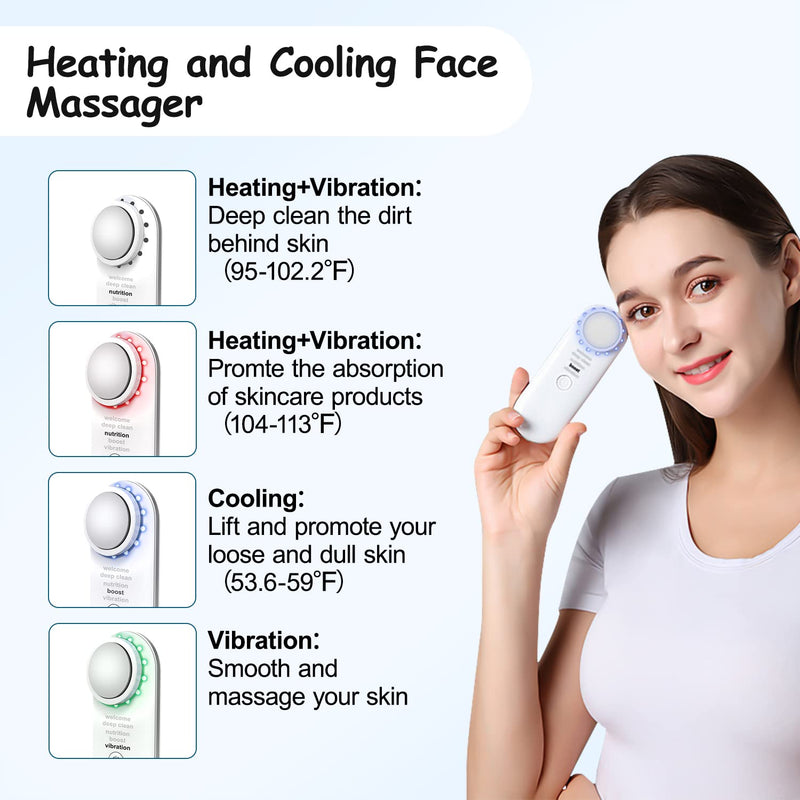 Electric Face Massager, Portable Hot and Cold Facial Massage Tools for Skin Care, Heating and Cooling Device with Multi-Color and Vibration, Deep Cleansing Tool with Base, Gifts for Women (White) White - BeesActive Australia