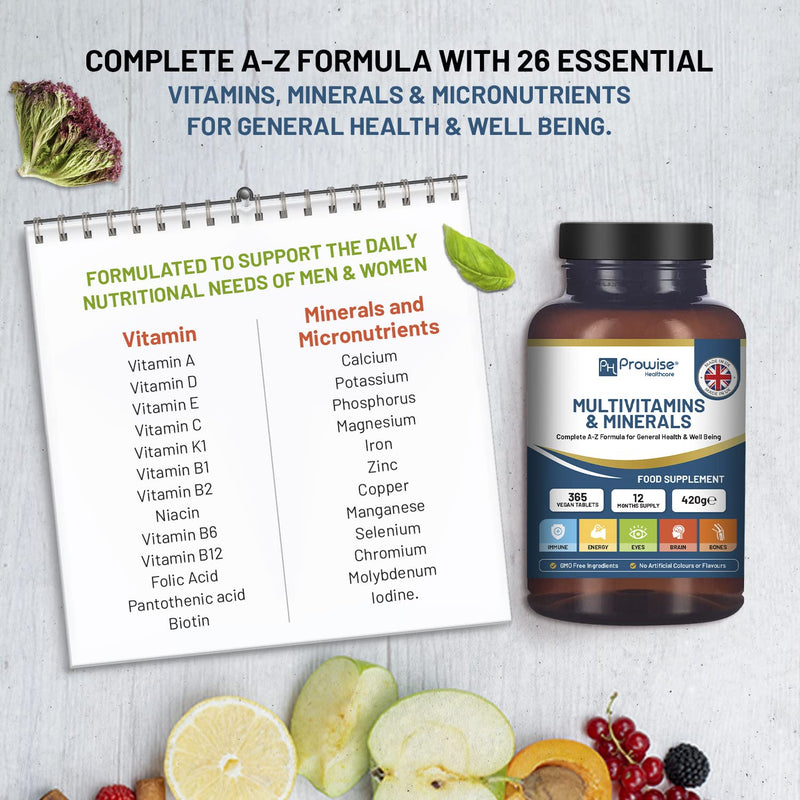 A-Z Multivitamins And Minerals I 365 Vegan A-Z Vitamins Tablets (1 Yr Supply) I 26 Essential Active Vitamins, Minerals & Micronutrients for Men & Women I Made in The UK by Prowise Healthcare - BeesActive Australia