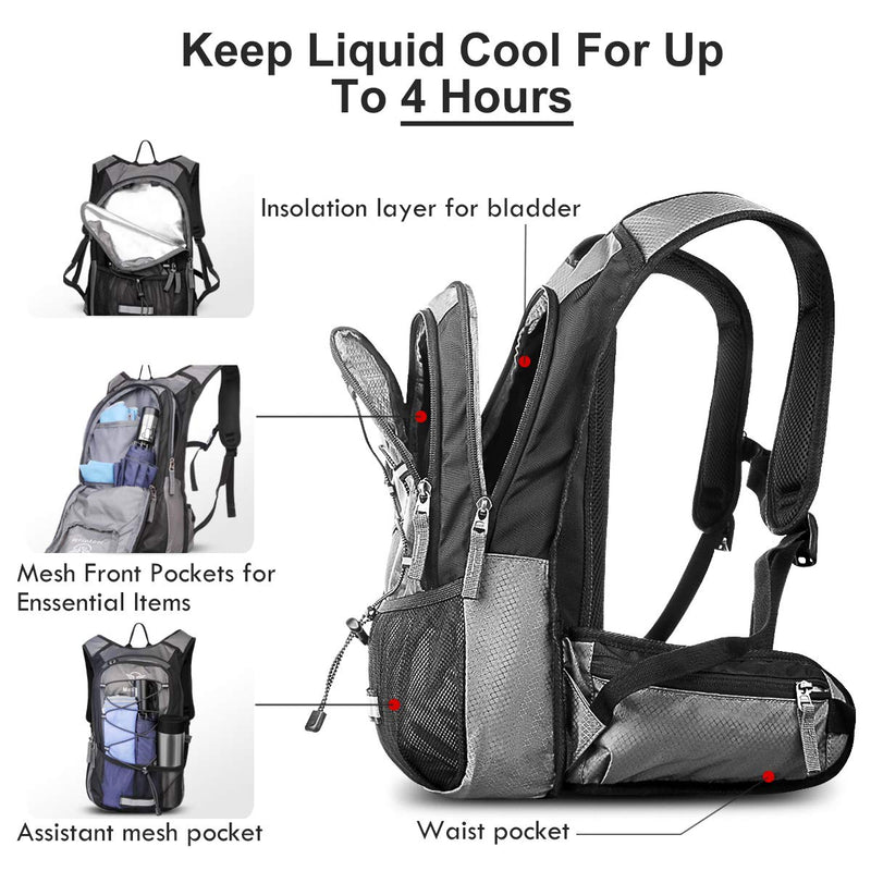 Mothybot Hydration Pack, Insulated Hydration Backpack with 2L BPA Free Water Bladder and Storage, Hiking Backpack for Men, Women, Kids for Running, Cycling, Camping - Keep Liquid Cool up to 5 Hours Gray - BeesActive Australia