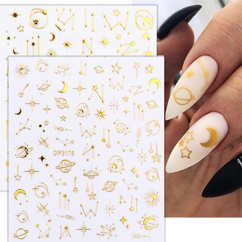 5 Sheet Golden Adhesive Nail Art Sticker Nail Love Star Smiley Space Series Bronzing Nail Applique Decoration Manicure Accessories DIY Set - BeesActive Australia