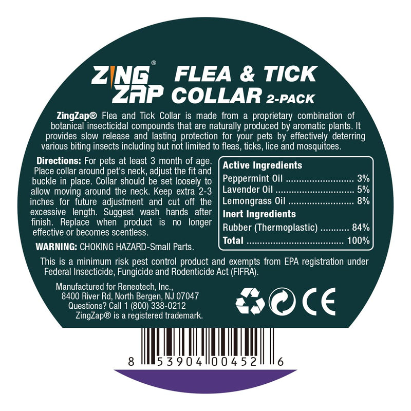 ZingZap Flea &Tick Collar 2-Pack Purple, Protects from Biting Insects, Adjustable Fits Both Dogs&Cats, Built-in Plant Based Formula, Slow Release Lasting Protection, Waterproof - BeesActive Australia