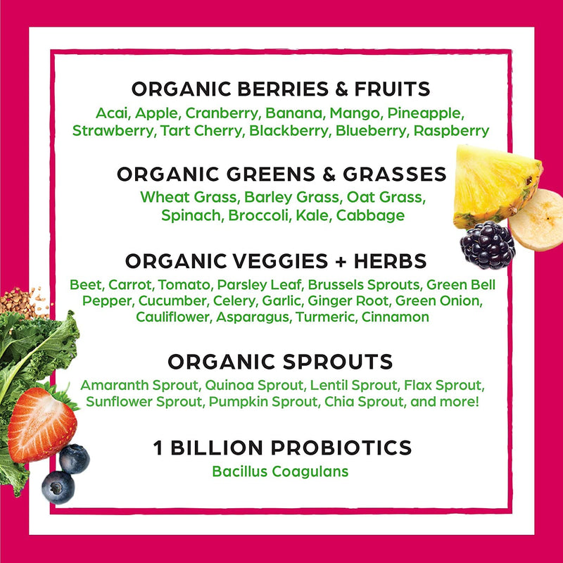 Orgain Organic Greens Powder + 50 Superfoods, Berry - 1 Billion Probiotics for Gut Health, Antioxidants, Vegan, Plant Based, Gluten Free, Non GMO, Dairy Free Juice & Smoothie Mix - 0.62lb - BeesActive Australia