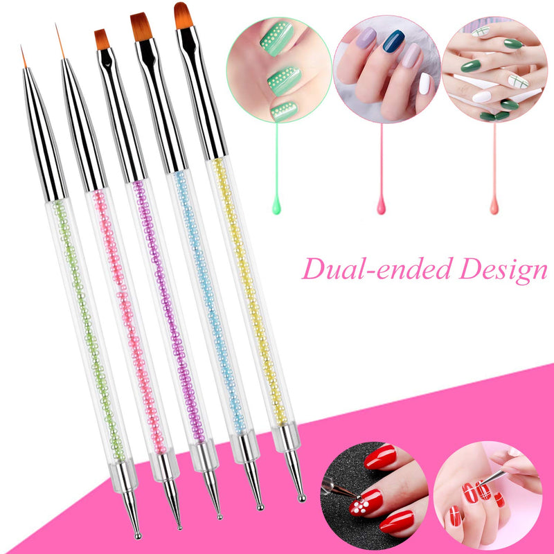 Ycyan 5Pcs Dual-ended Nail Art Brush Set Pearl Handle UV Gel Nail Brushes and Nail Art Dotting Tools - BeesActive Australia