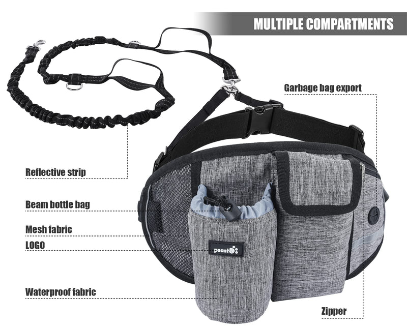 Pecute Hands Free Dog Leash with Multi Pouches, Strong Shock Absorbing Bungee Dog Leash with Reflective Stitches, 2 Handle Dog Waist Belt Leash for Running Hiking Walking Large Gray - BeesActive Australia