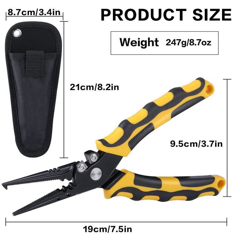 Sougayilang Fishing Pliers, 420 Stainless Steel Fishing Tools, Saltwater Resistant Fishing Gear with Rubber Handle, Sheath and Lanyard Tungsten Carbide Cutters 7'5'' Split Ring Nose-Yellow - BeesActive Australia