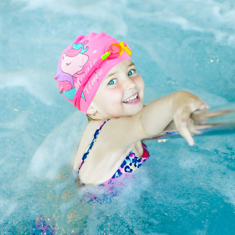 AuSletie Silicone Swim Caps for Kids Girls Aged 4-8, Unicorn Waterproof Swimming Caps Bathing Caps with Goggles Ear Plugs Nose Clip for Short/Long Hair - BeesActive Australia