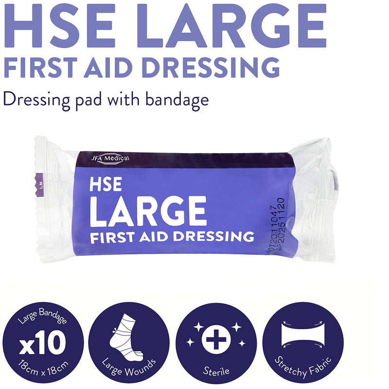 JFA Medical HSE Large Sterile First Aid Dressing Bandage with Pad 18 x 18cm - Pack of 10 Bandages - BeesActive Australia
