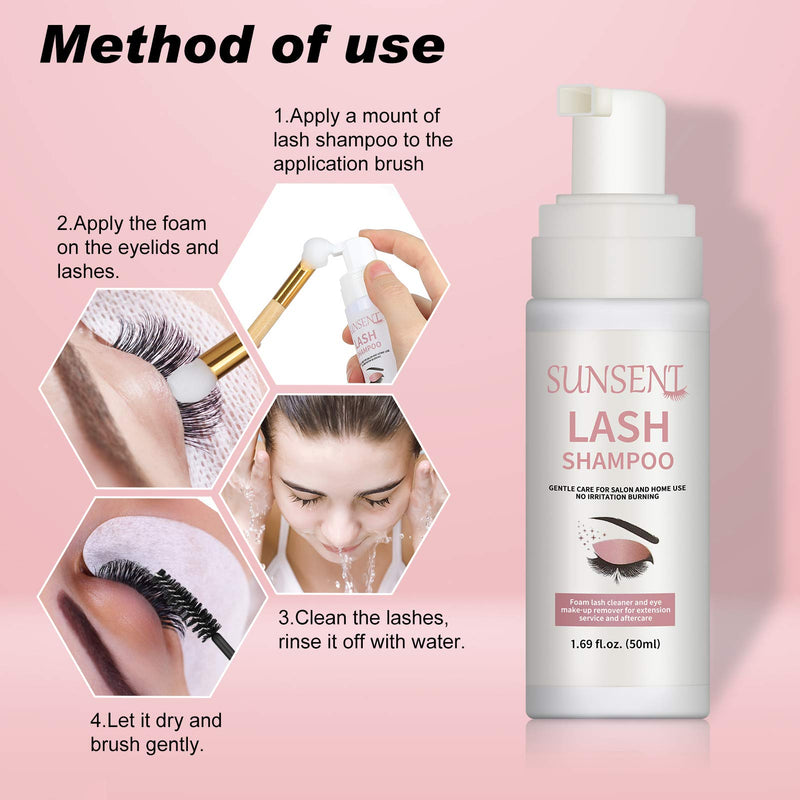 Eyelash Extension Shampoo Kit,SUNSENT Eyelash Extension Cleanser,Eye Makeup Remover for Home & Salon Use,Lash Shampoo 50ml+10pcs Mascara Wand+5 Pairs Under Eye Gel Pads+Brush - BeesActive Australia