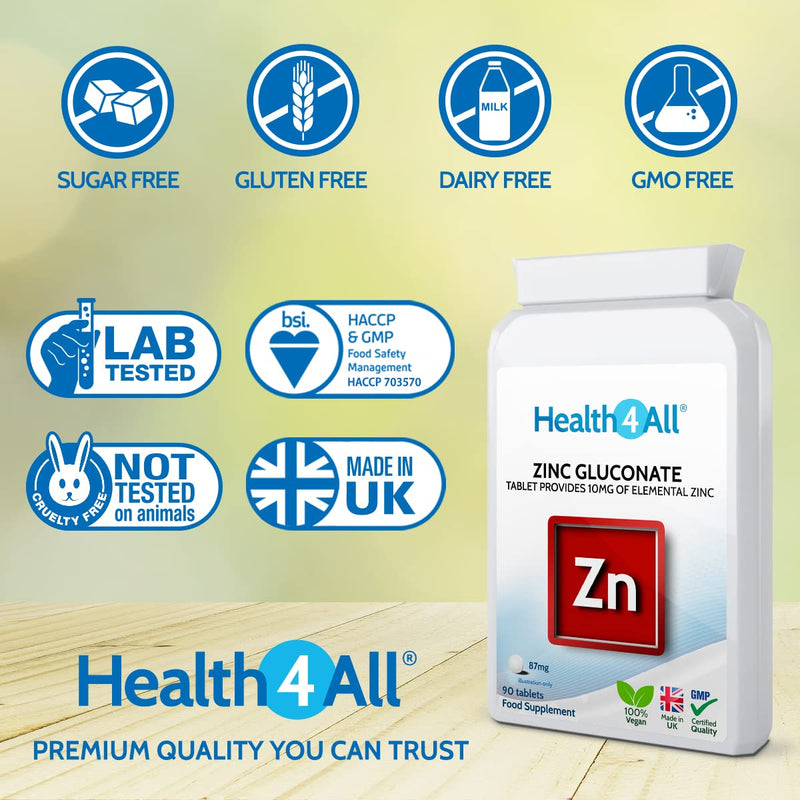 Zinc Gluconate 87mg 90 Tablets . 100% NRV. Each Tablet Provides 10mg of Elemental Zinc. Made by Health4All 90 Count (Pack of 1) - BeesActive Australia