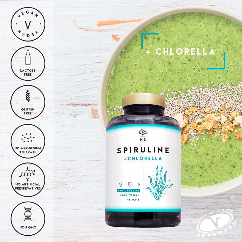 Chlorella Spirulina Tablets 1250mg Powerful Antioxidant,Helps Immune System,Reduces Fatigue.Provides Iron, Eliminates Heavy Metals.180 Vegetable Capsules.1250mg.UK Vegan Certified.N2 Natural Nutrition - BeesActive Australia