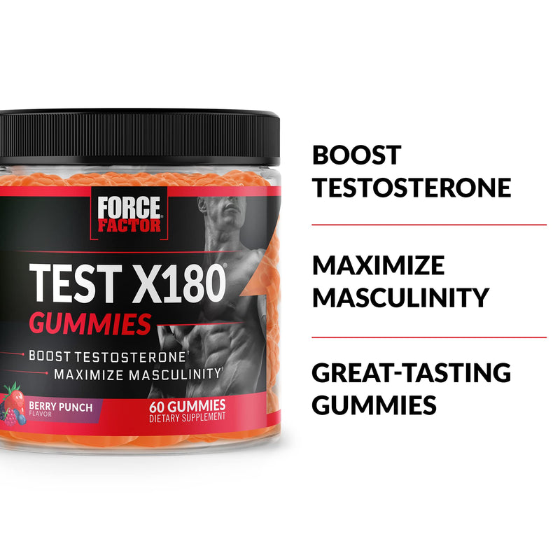 Force Factor Test X180 Gummies Testosterone Booster for Men with Tongkat Ali, Horny Goat Weed, Tribulus Terrestris, Fenugreek, & Black Maca, Supplement Men, Berry Punch, 60 Gummies, 1-Pack 60 Count (Pack of 1) - BeesActive Australia