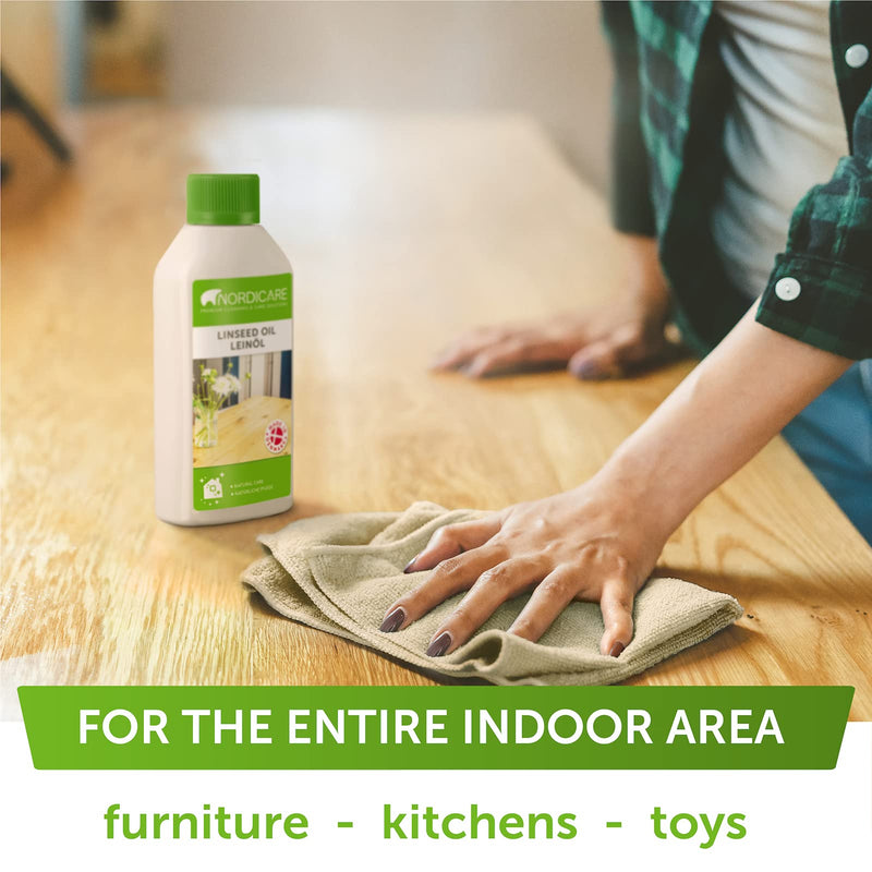 Nordicare Linseed Oil for Wood - 100% Pure & Natural Linseed Oil for Entire Indoor Area - Food-Safe Raw Linseed Oil for Wood Furniture - Underlines the Original Wood Structure - Made in Denmark 16.9oz 500 ml - BeesActive Australia