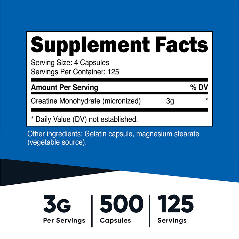 Nutricost Micronized Creatine Monohydrate 3,000mg 500 Capsules, 125 Servings, 750mg of Creatine Monohydrate Per Capsule 500 Count (Pack of 1) - BeesActive Australia