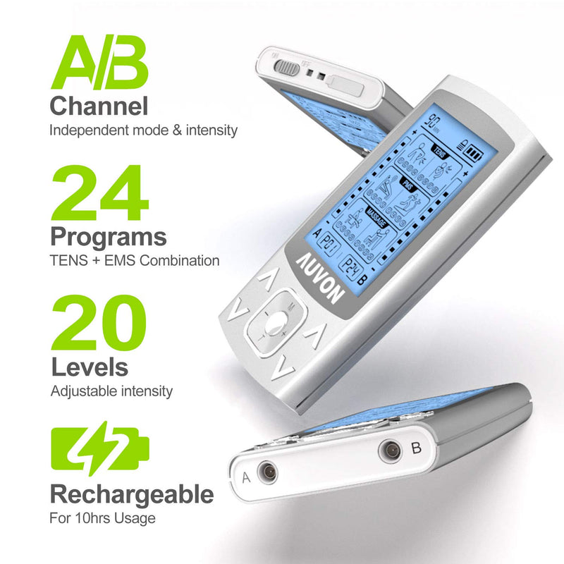 AUVON Dual Channel TENS EMS Machine for Pain Relief, 24 Modes TENS Unit Muscle Stimulator with 12pcs 2"x2" TENS Electrode Pads - BeesActive Australia