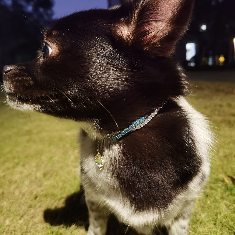 Gold Cat Collar Puppy Zircon Cuban Link Chain Handmade Diamond Iced Heart Pendant Pet Jewelry Necklace Pet Gift Silver&Blue - BeesActive Australia