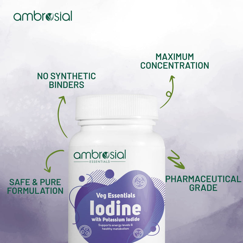Ambrosial Iodine Supplement 5000mcg with 7500 mcg Potassium Iodide| High Strength Iodine Tablets | Natural Source of Iodine from Potassium Supplements & Iodide Tablets (Pack of 1-60 Tablets) 60 count (Pack of 1) - BeesActive Australia