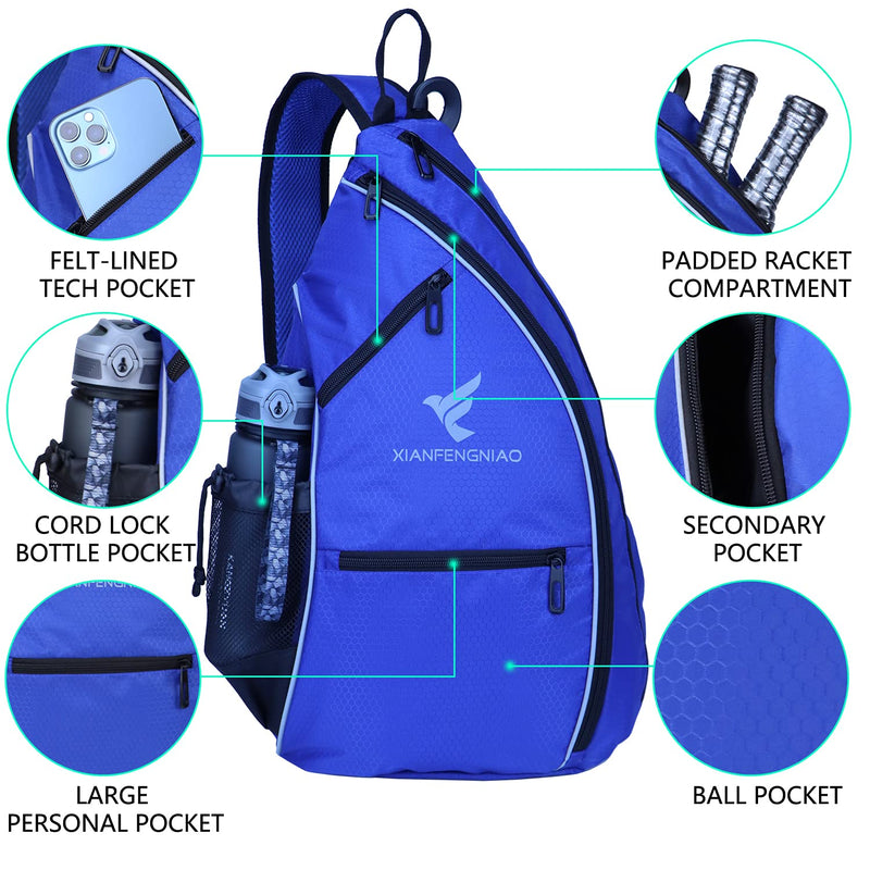 Sling Bag Sports Pickleball Bag Pickleball Backpack for Men Women Adjustable Tennis Bag for Pickleball Paddle with Fence Hook,Water Bottle Holder Blue - BeesActive Australia