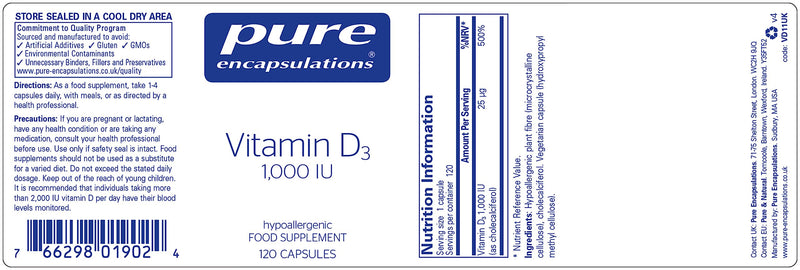 Pure Encapsulations - Vitamin D3 1,000 IU - Hypoallergenic Pure Vitamin D Supplement - Immune System, Bone and Muscle Function Support - 120 Capsules - BeesActive Australia