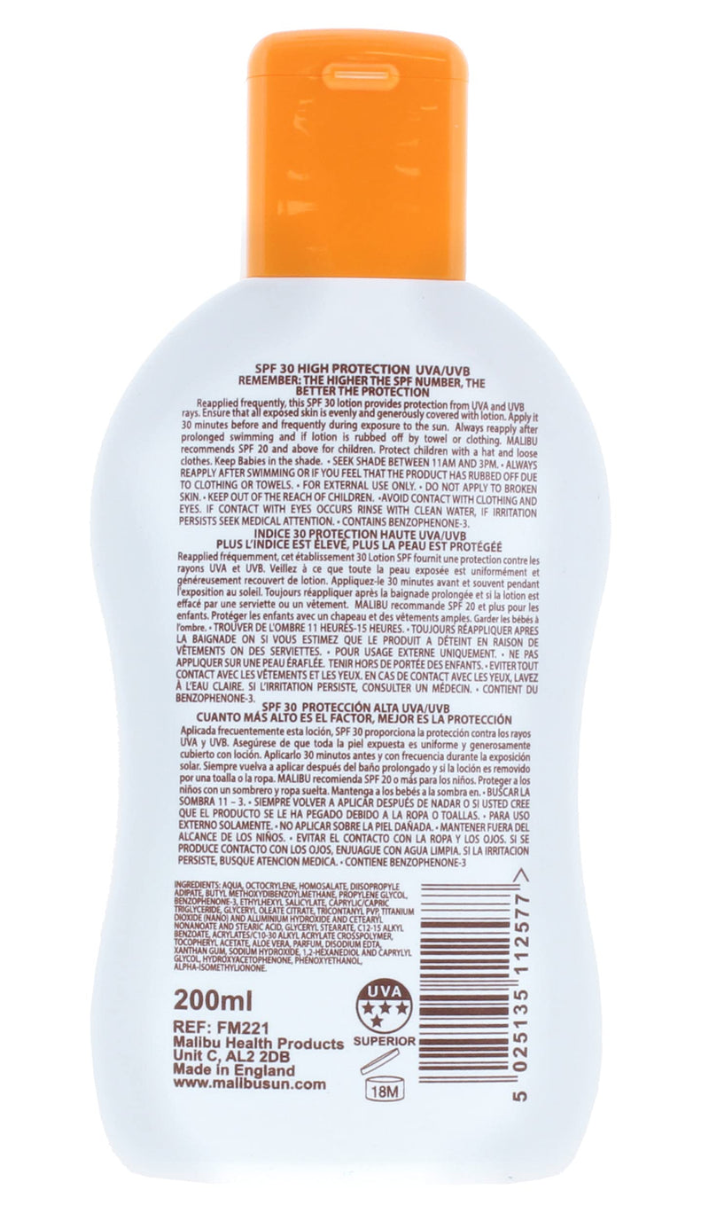 Malibu Sun SPF 30 Lotion; High Protection Sun Cream; Water Resistant; Vitamin E and Aloe Vera Enriched; 200ml - BeesActive Australia