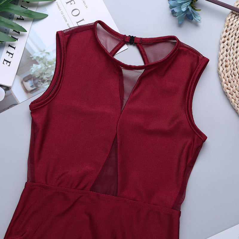 [AUSTRALIA] - renvena Kids Girls One Piece Ballet Dance Leotard Sleeveless Mesh Splice Cutout Back Active Bodysuit Dancewear Burgundy 8-10 