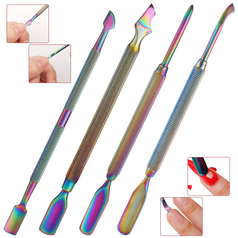 Mwoot 4 Pieces Cuticle Pusher Kit, Dual End Nail Gel Polish Removal Pushers, Rainbow Color Stainless Steel Manicure Tools for Fingernails and Toenails - BeesActive Australia